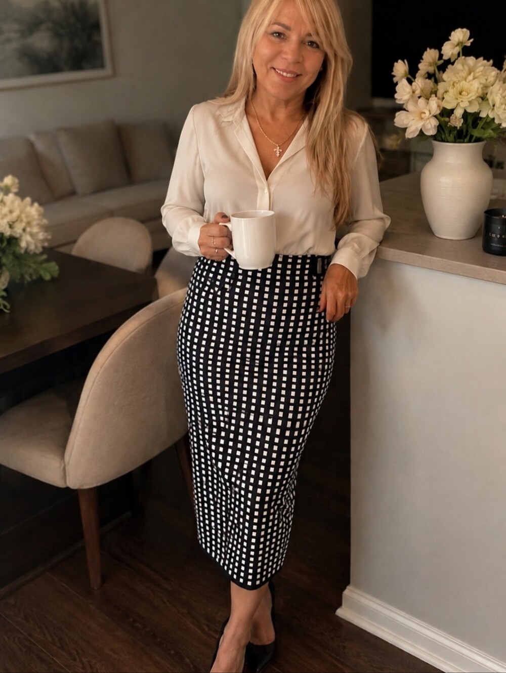 a'gaci Black and White Grid Pencil Skirt